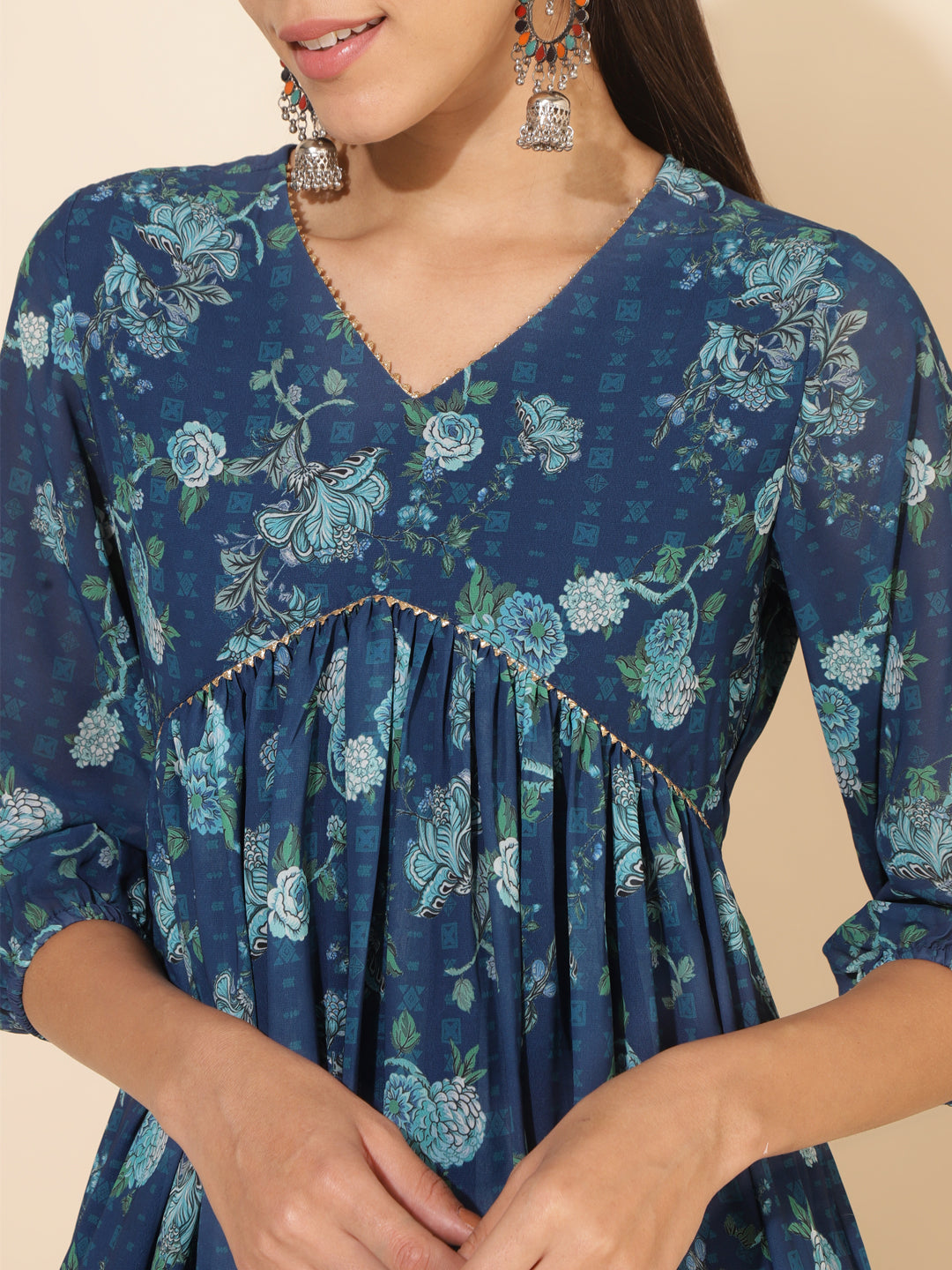 Janasya Blue Georgette Floral Printed Casual Kurta