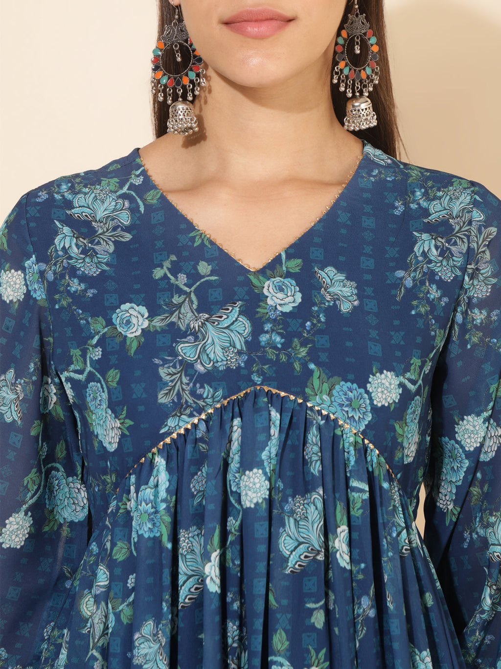 Janasya Blue Georgette Floral Printed Casual Kurta