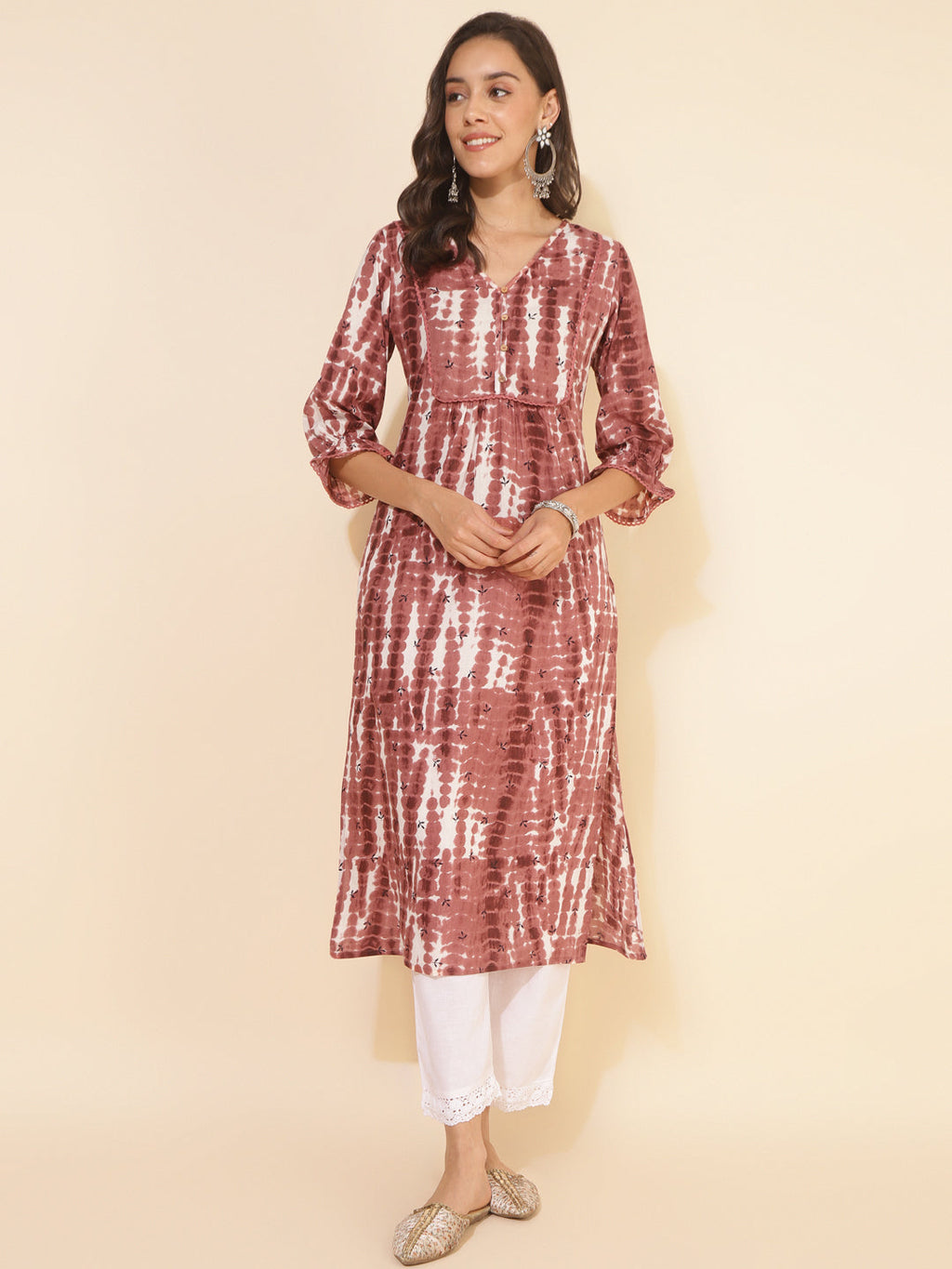 Janasya Light Brown Cotton Tie-dye Printed Casual Kurta