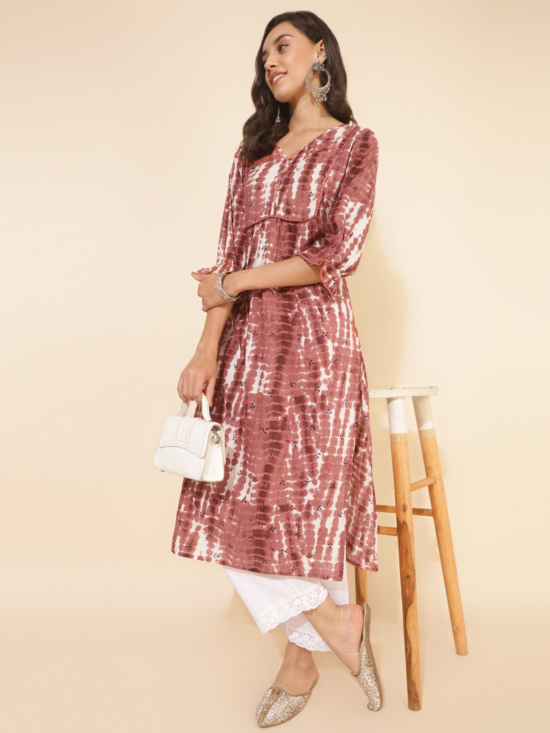 Janasya Light Brown Cotton Tie-dye Printed Casual Kurta