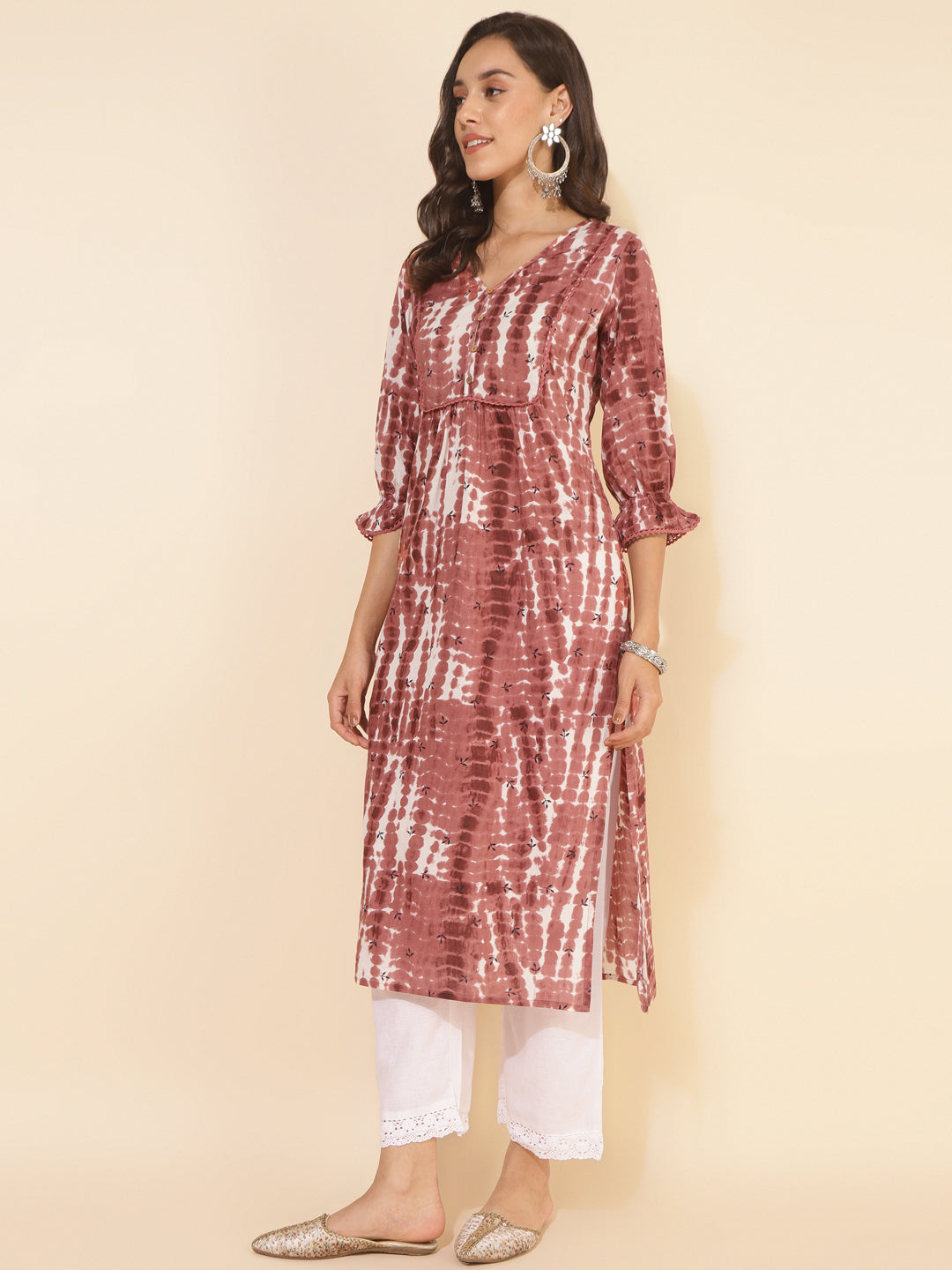 Janasya Light Brown Cotton Tie-dye Printed Casual Kurta