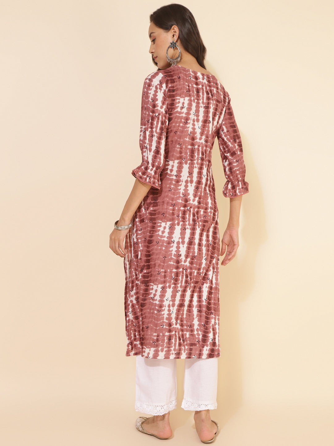 Janasya Light Brown Cotton Tie-dye Printed Casual Kurta