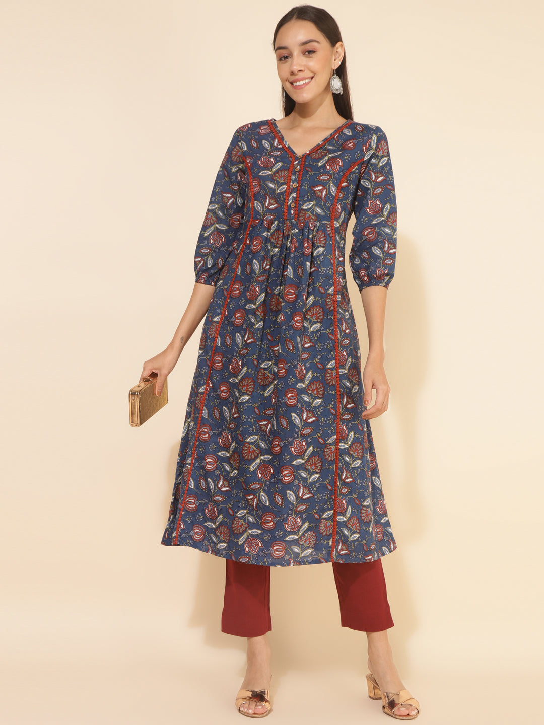 Janasya Blue Cotton Floral Printed Casual Kurta