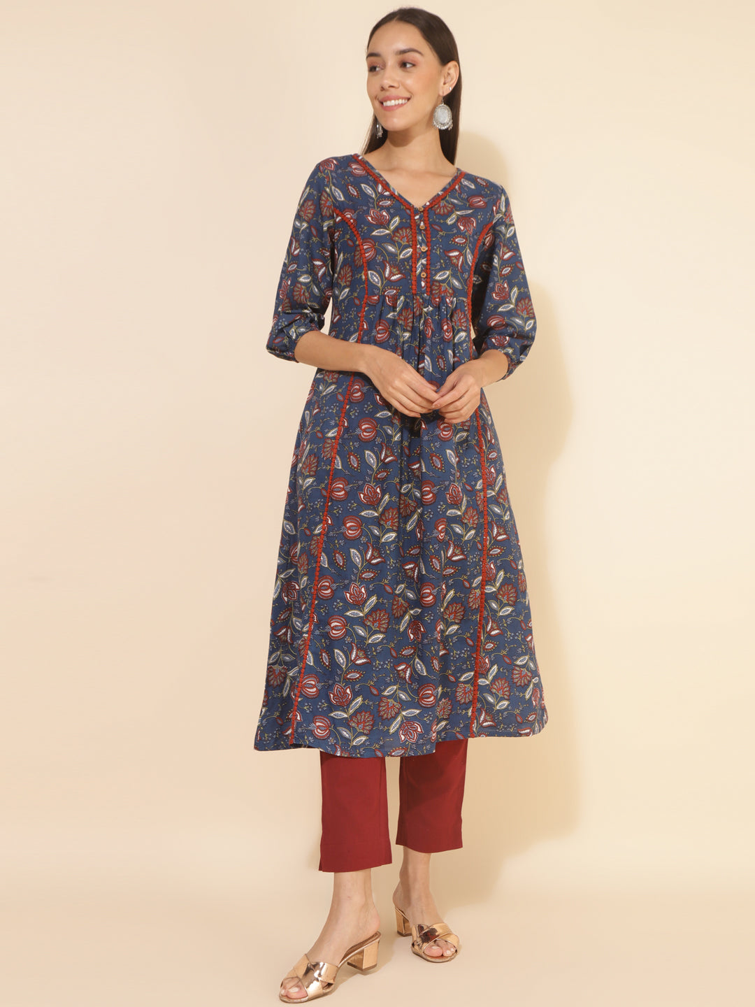Janasya Blue Cotton Floral Printed Casual Kurta