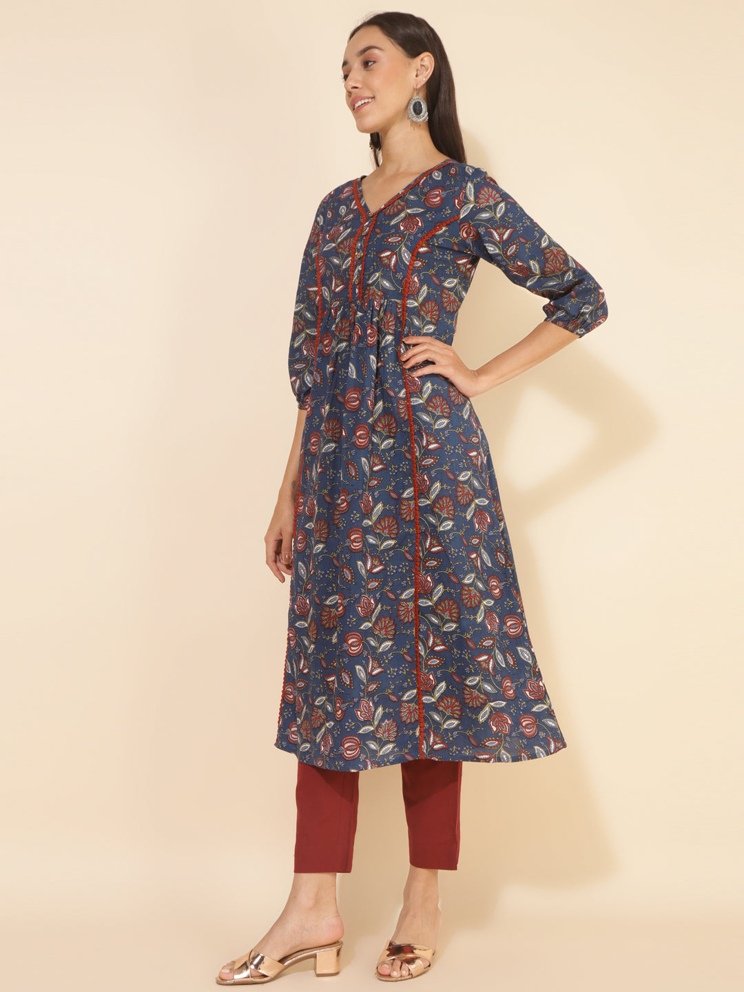 Janasya Blue Cotton Floral Printed Casual Kurta