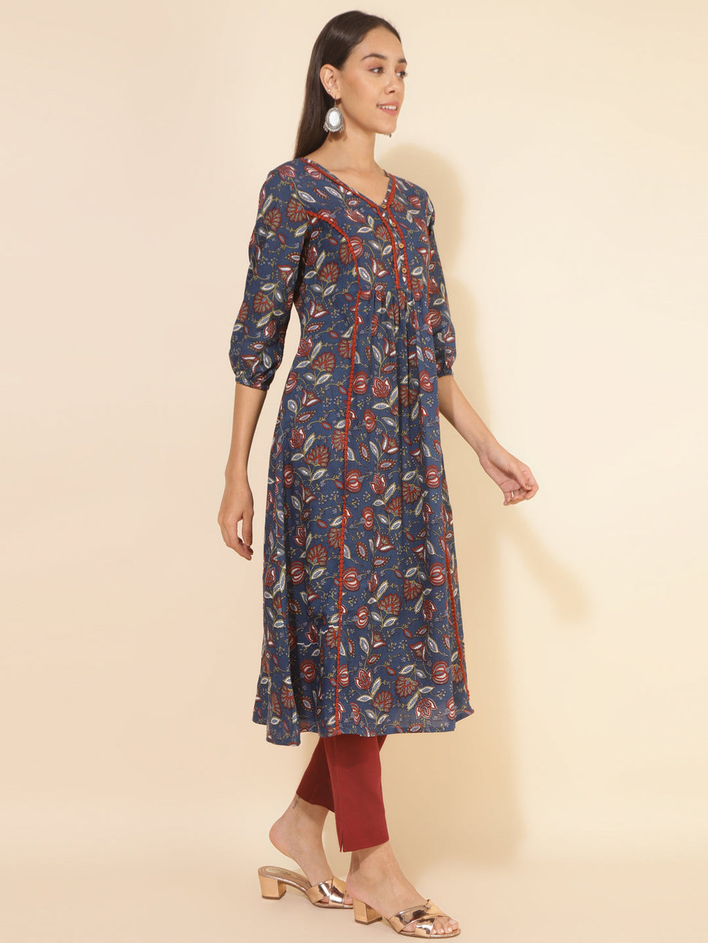 Janasya Blue Cotton Floral Printed Casual Kurta