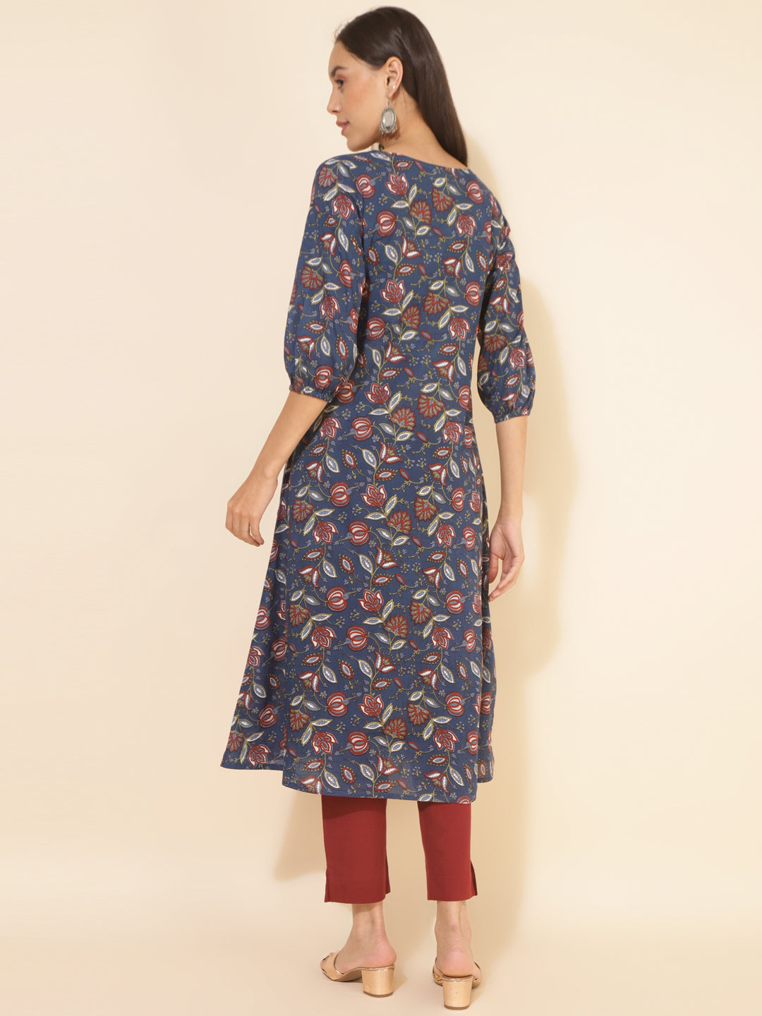 Janasya Blue Cotton Floral Printed Casual Kurta