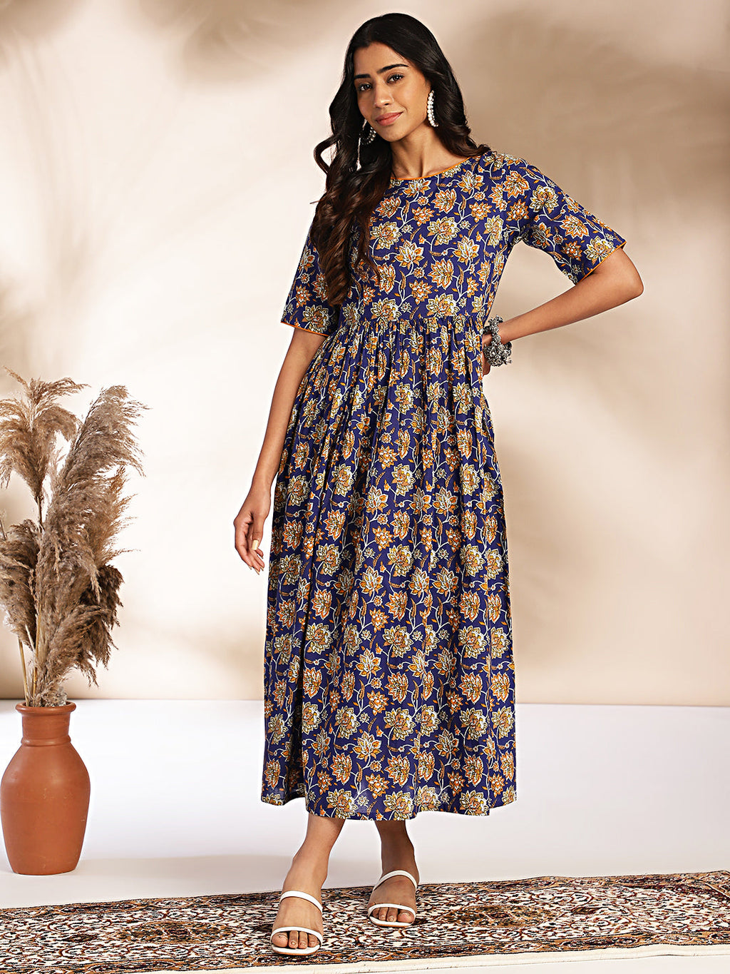 Janasya Dark Blue Cotton Floral Printed Gathered Dress