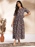 Janasya Dark Blue Cotton Floral Printed Gathered Dress