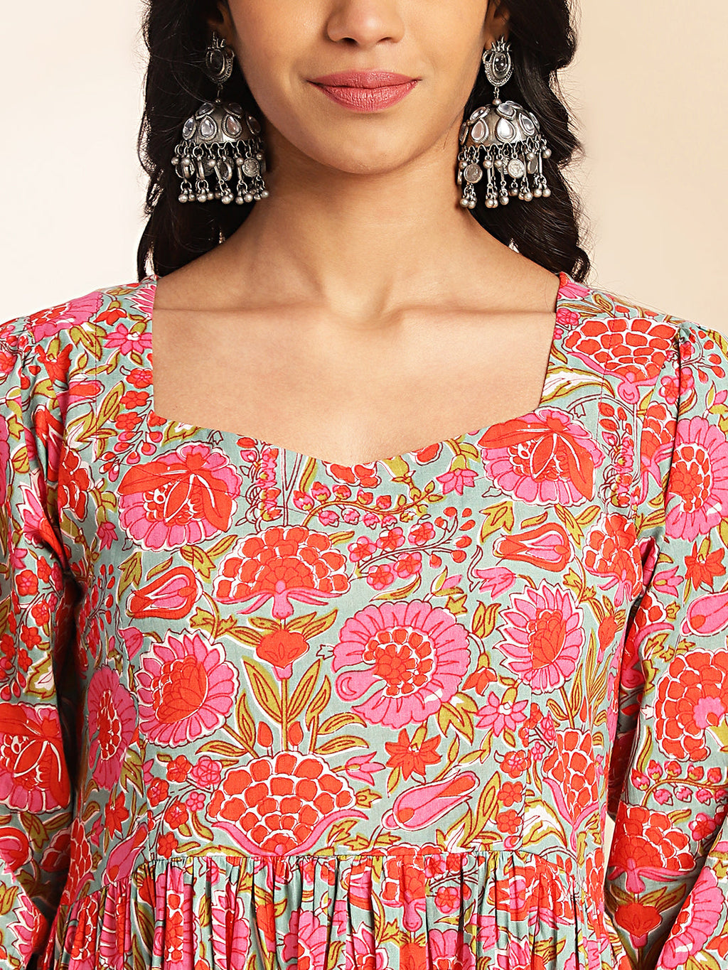 Janasya Multicolor Cotton Floral Printed Flared Dress