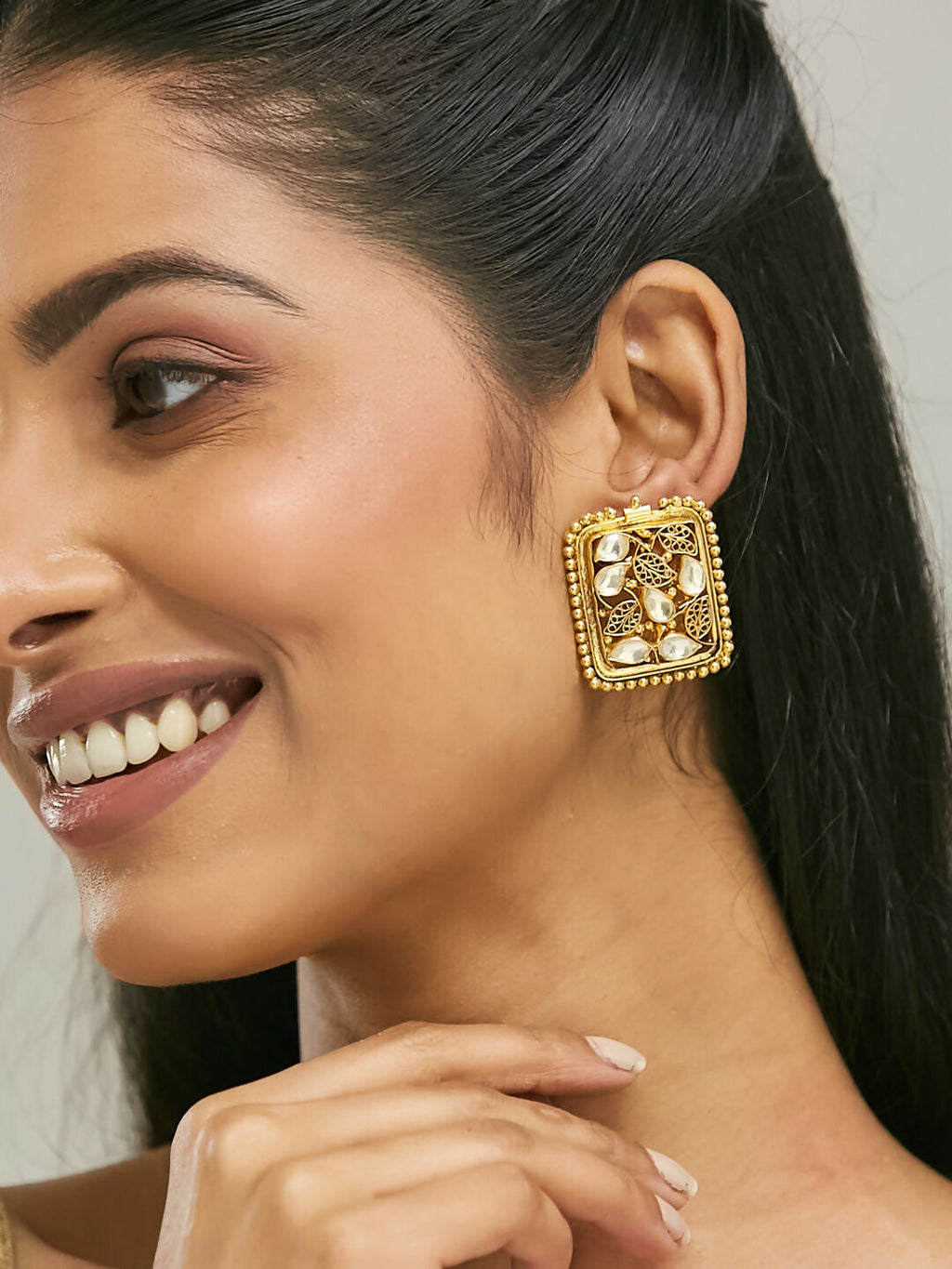 Nuyug 22K Gold-Plated Kundan & Filigree Concept Rectangular Leafy Studs