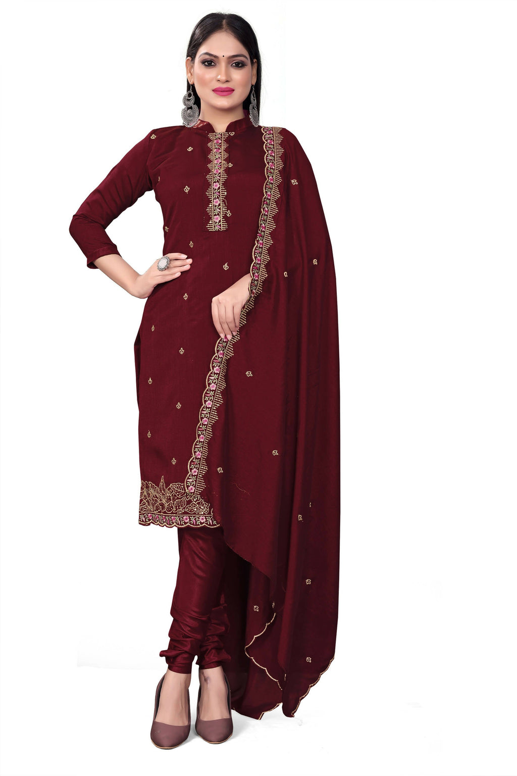 Maroon Silk Embroidered with Sequins work Unstitched Dress Material - Tanvi