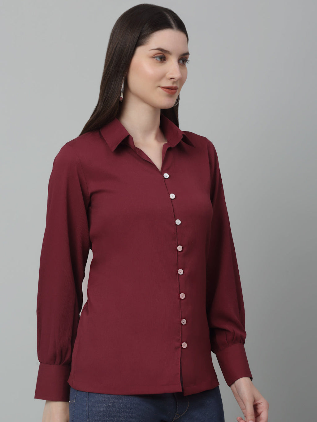 Jainish Women's Maroon Solid Casual Shirt