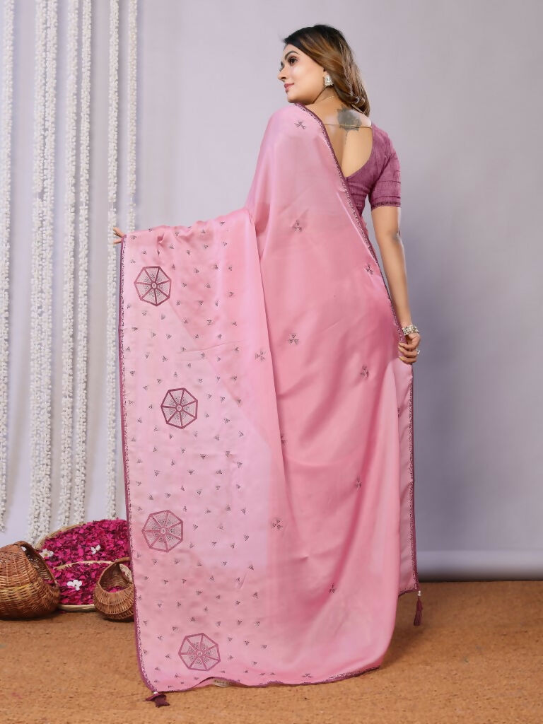 Pink Zari Organza Stone Work All Over Saree - Norita Saumya