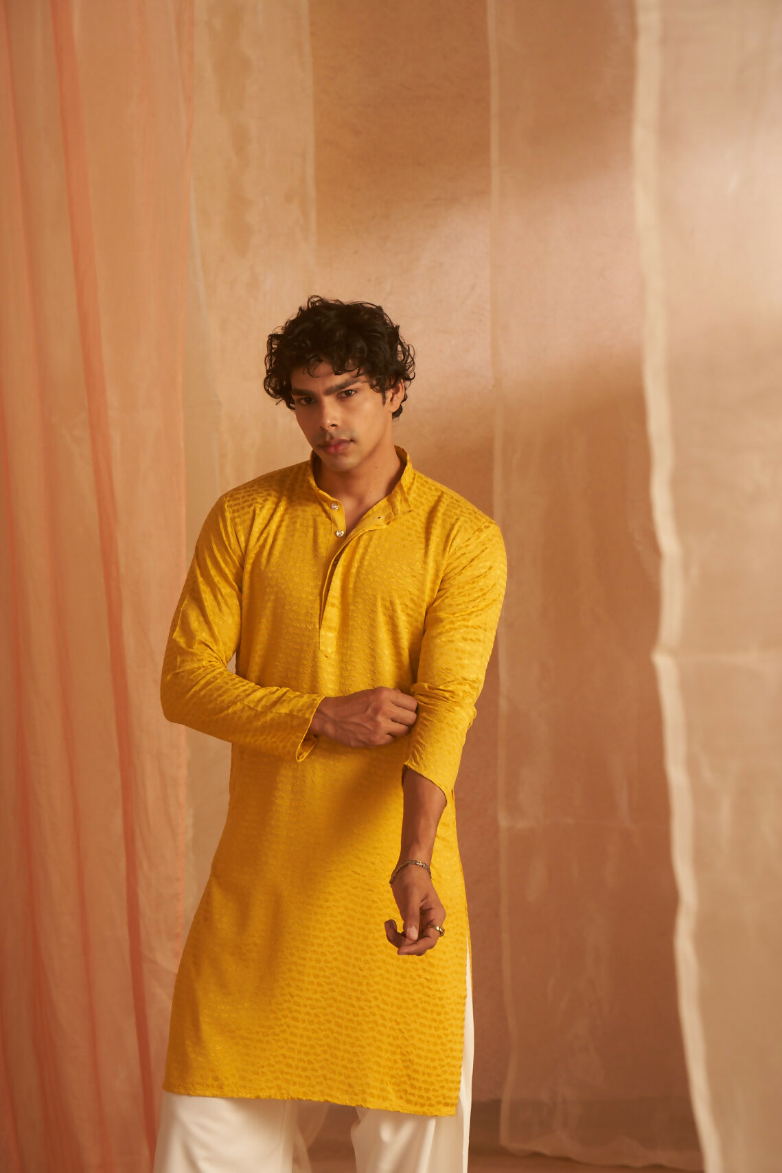Mustard Viscose Chikankari Embroidery Work Men's Kurta Set - Mahotsav