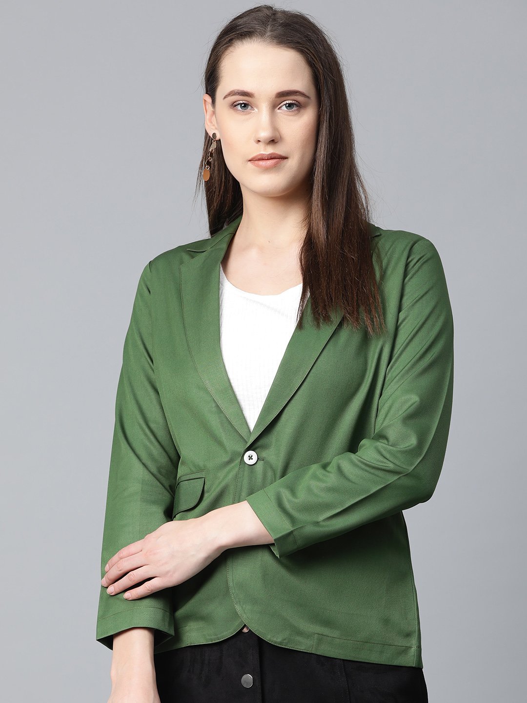 Jompers Women Olive-Green Solid Single-Breasted Smart Casual Blazer