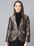 Jompers Women Blue & Maroon Satin Finish Printed Single-Breasted Blazer