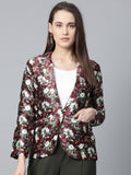 Jompers Women Maroon & Green Satin Floral Print Single-Breasted Casual Blazer