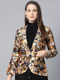 Jompers Women Mustard Yellow & Grey Satin Finish Printed Single-Breasted Blazer