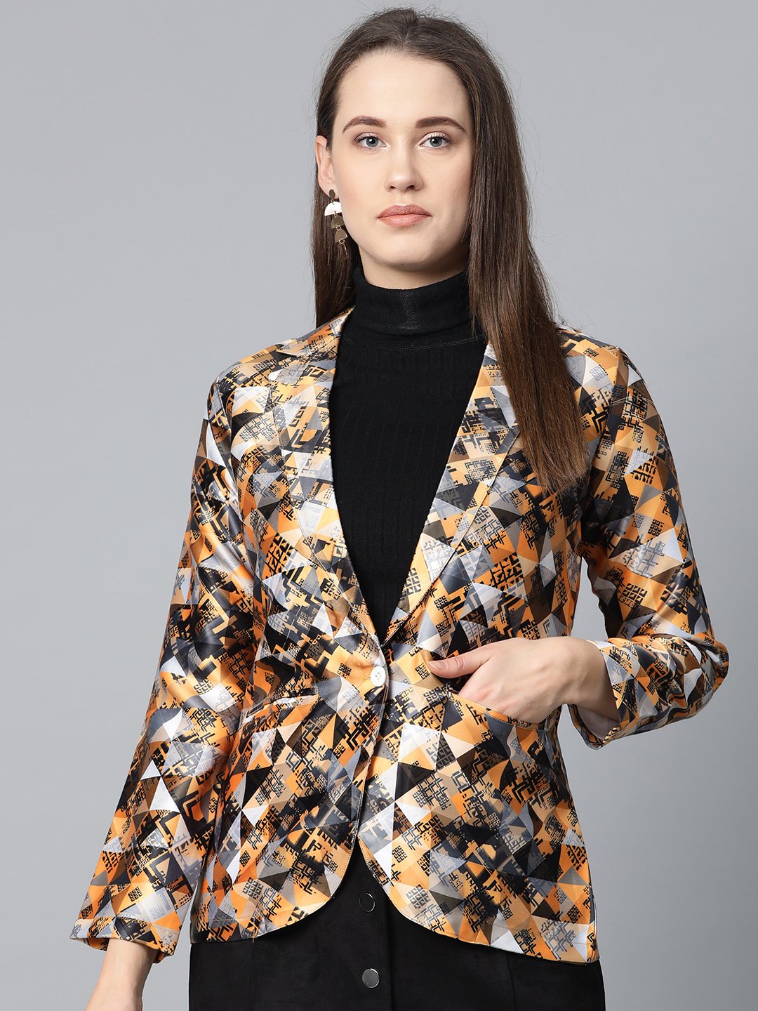 Jompers Women Mustard Yellow & Grey Satin Finish Printed Single-Breasted Blazer