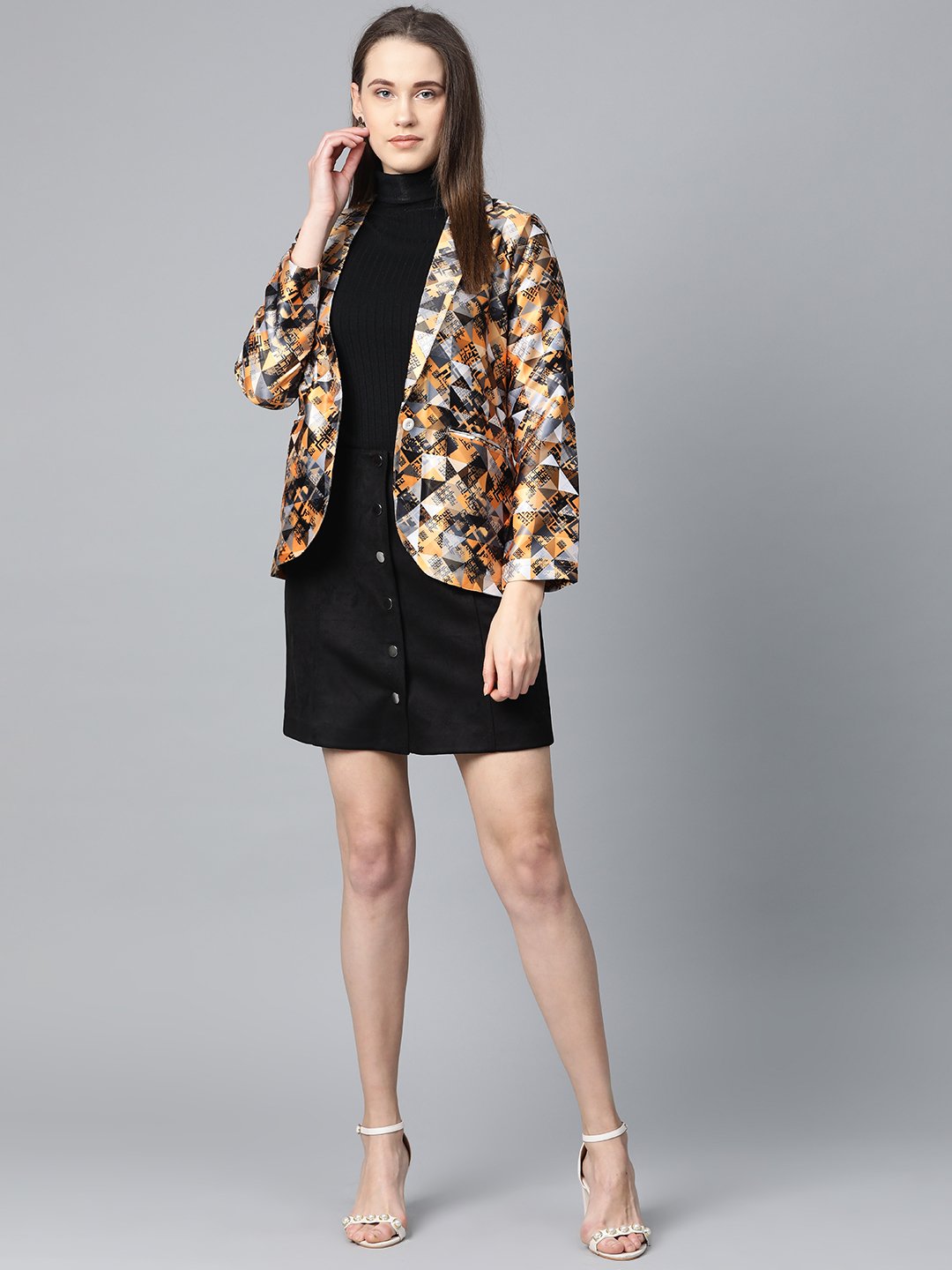Jompers Women Mustard Yellow & Grey Satin Finish Printed Single-Breasted Blazer