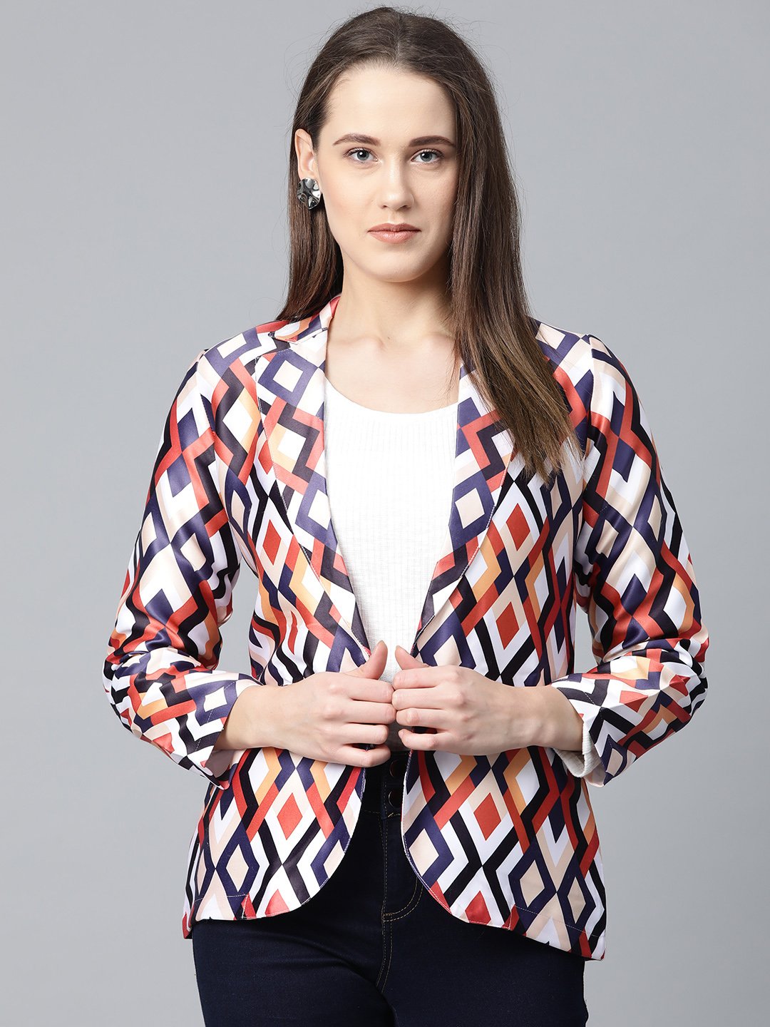 Jompers Women Multi-Coloured Satin Finish Printed Single-Breasted Blazer