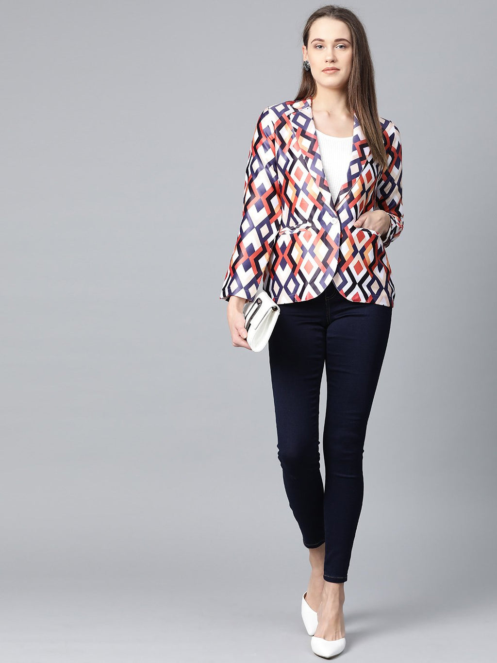 Jompers Women Multi-Coloured Satin Finish Printed Single-Breasted Blazer