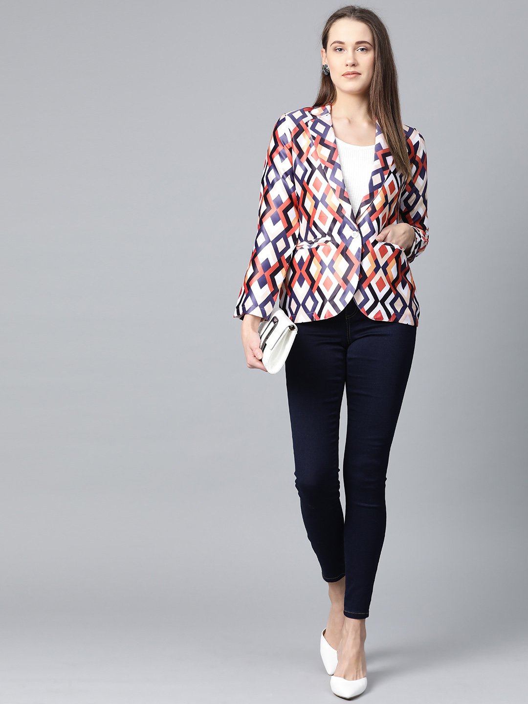 Jompers Women Multi-Coloured Satin Finish Printed Single-Breasted Blazer
