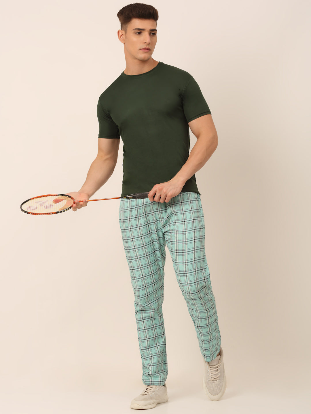 Jainish Men's Checked Cotton Track Pants - Green