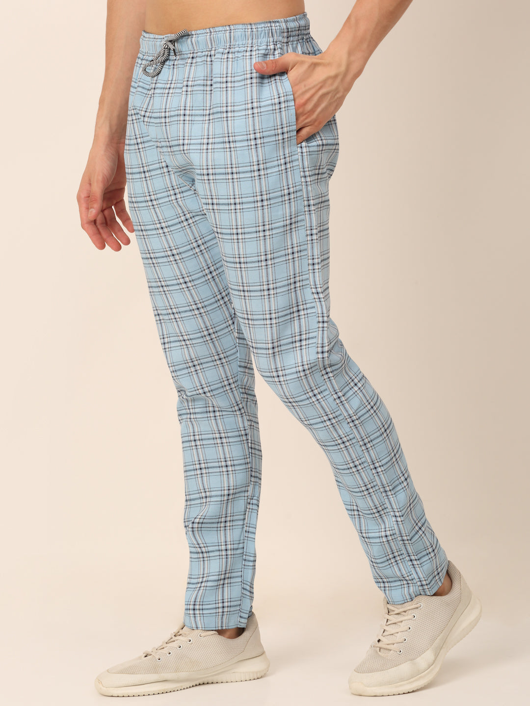 Jainish Men's Checked Cotton Track Pants - Sky Blue