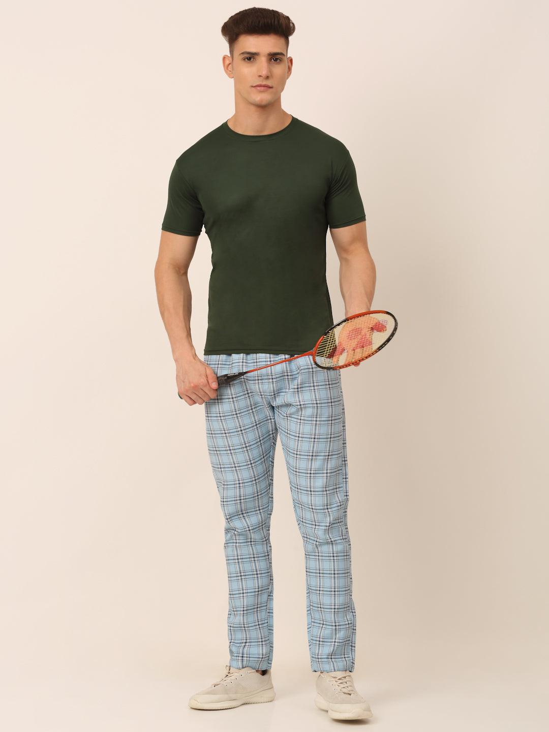 Jainish Men's Checked Cotton Track Pants - Sky Blue