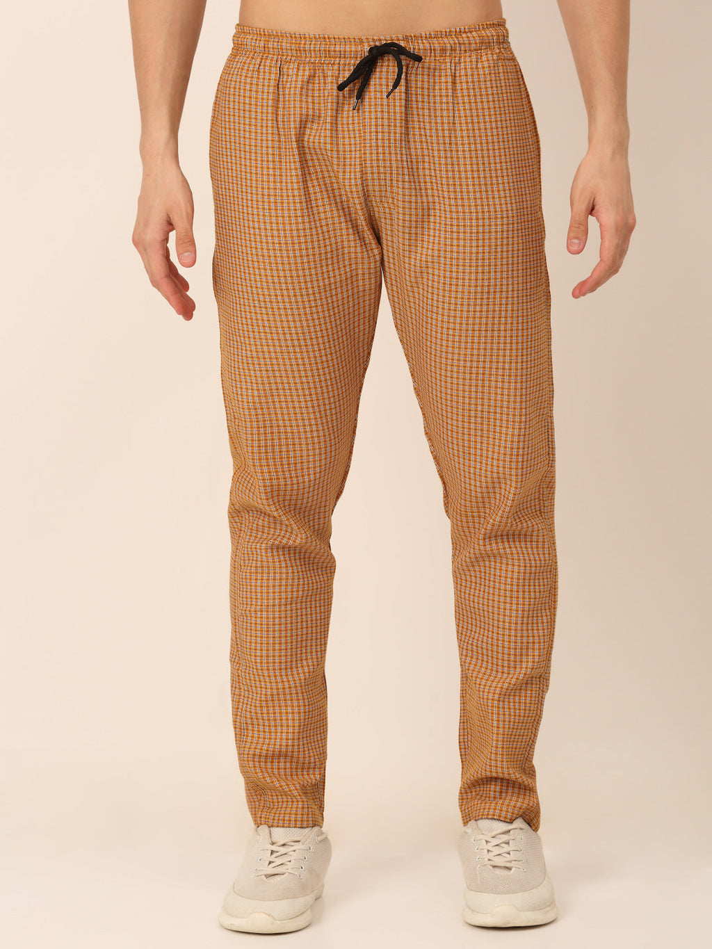 Jainish Men's Checked Cotton Track Pants - Mustard