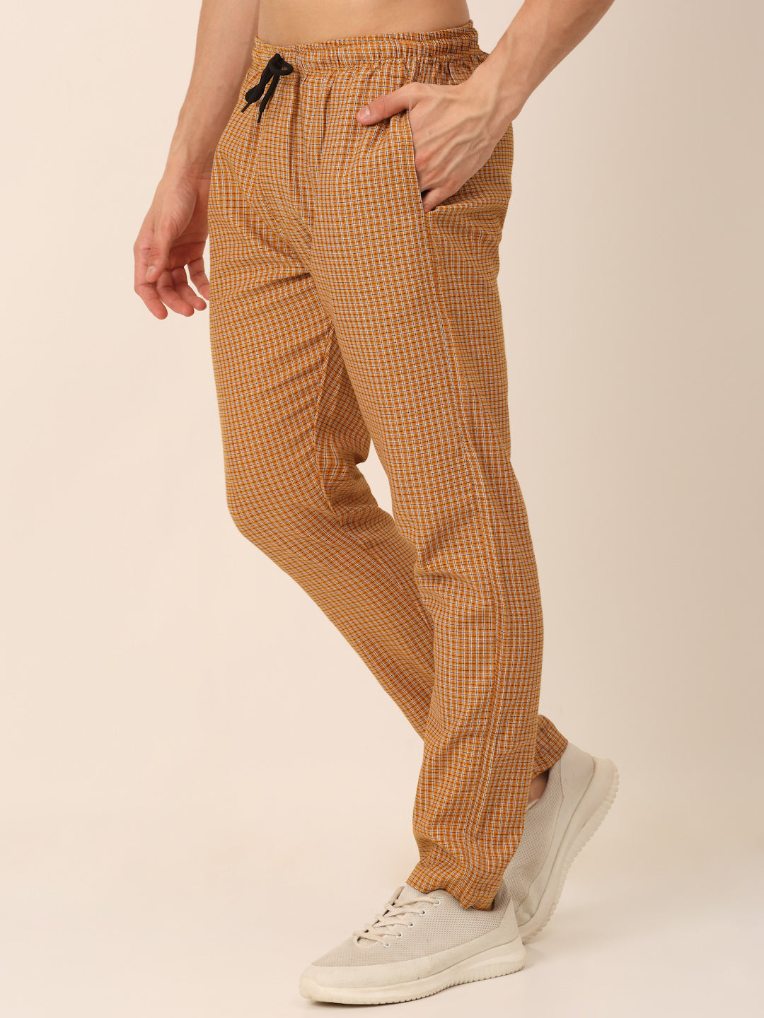 Jainish Men's Checked Cotton Track Pants - Mustard