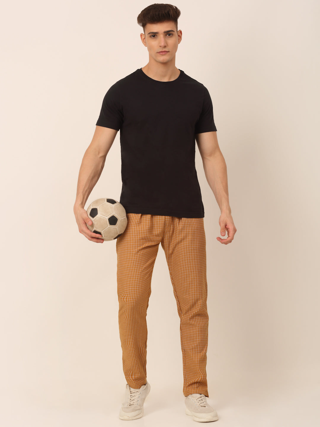 Jainish Men's Checked Cotton Track Pants - Mustard