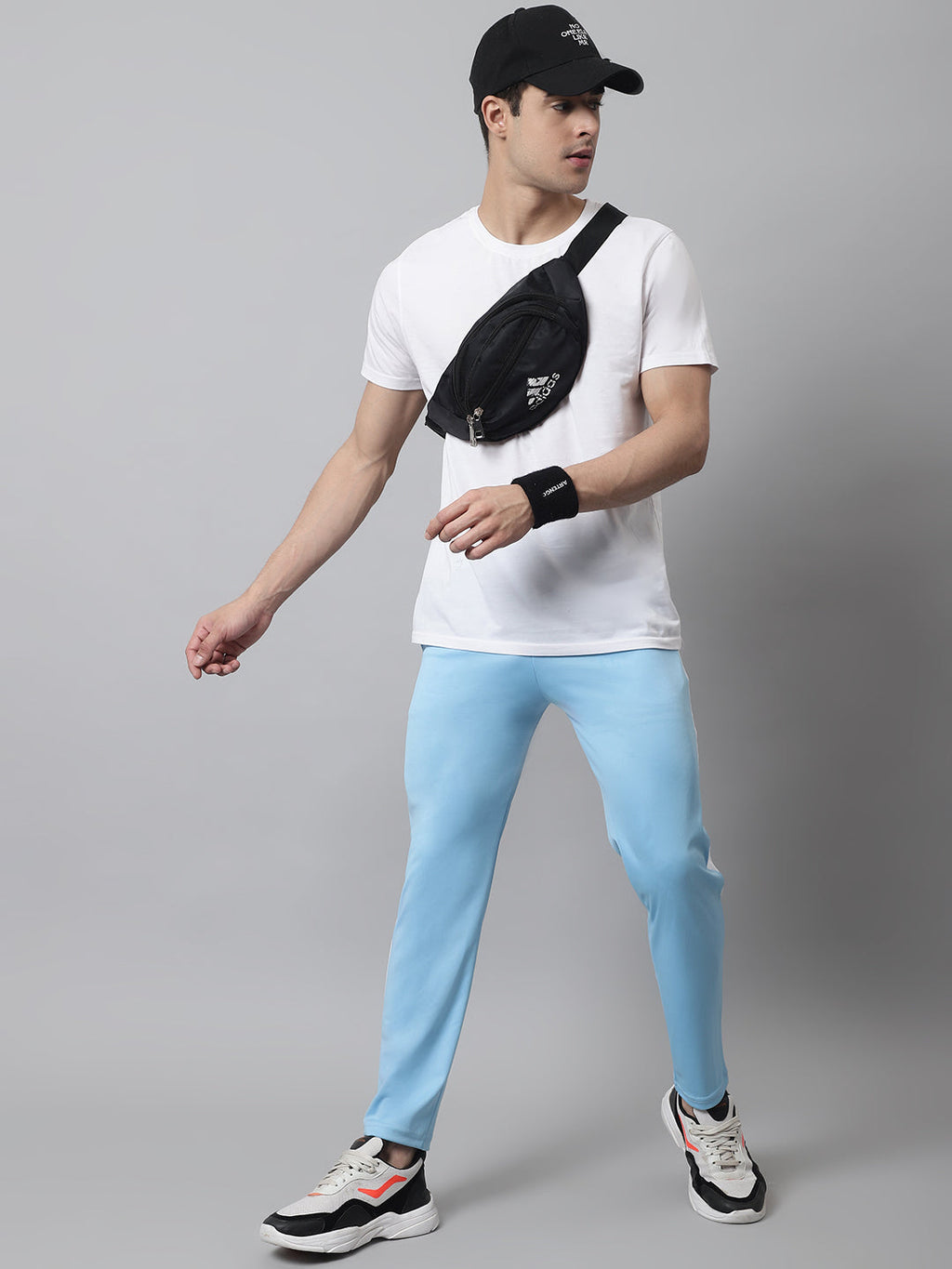 Jainish Men's Sky Blue and White Striped Streachable Lycra Trackpants