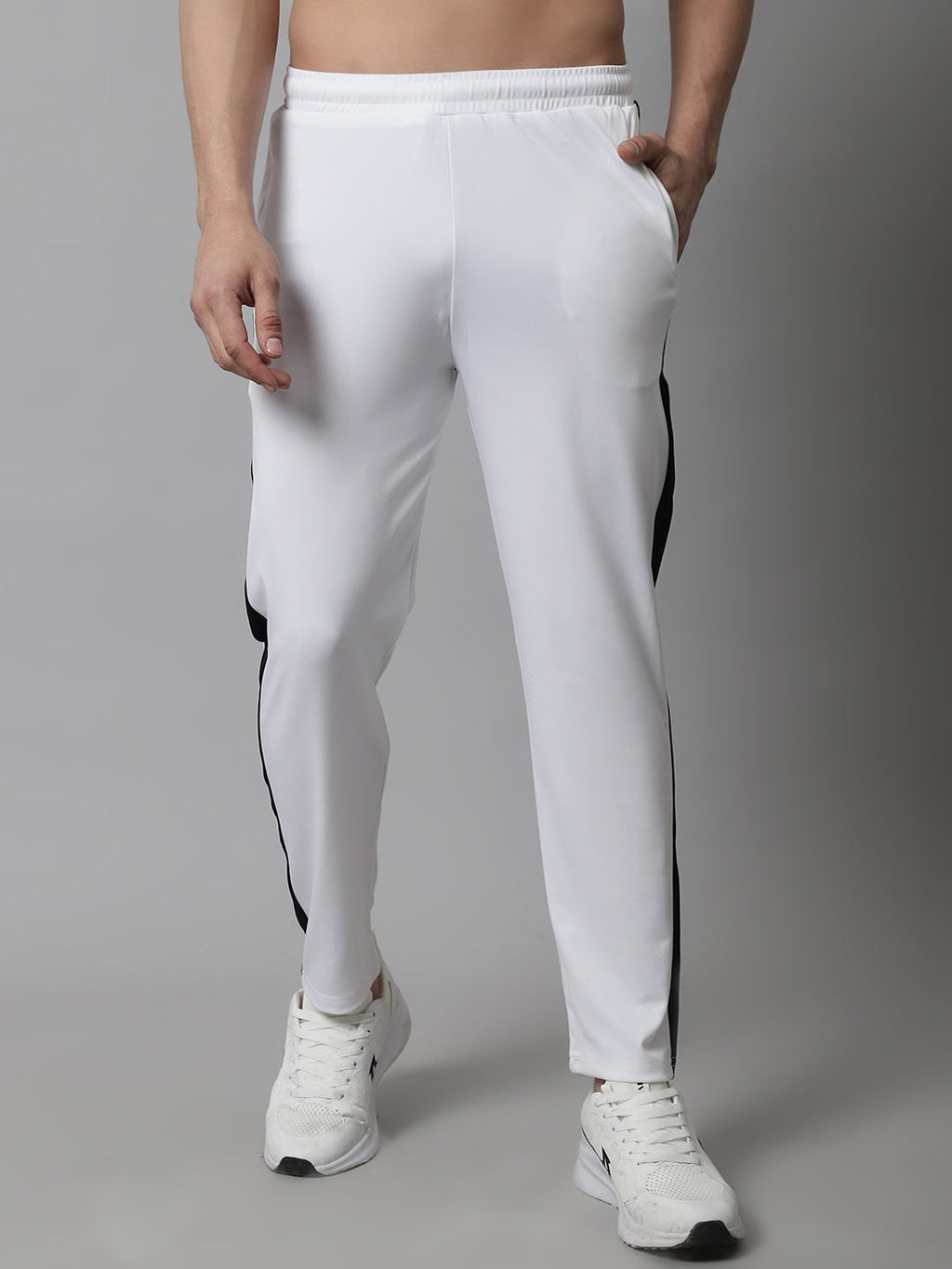 Jainish Men's White and Black Striped Streachable Lycra Trackpants
