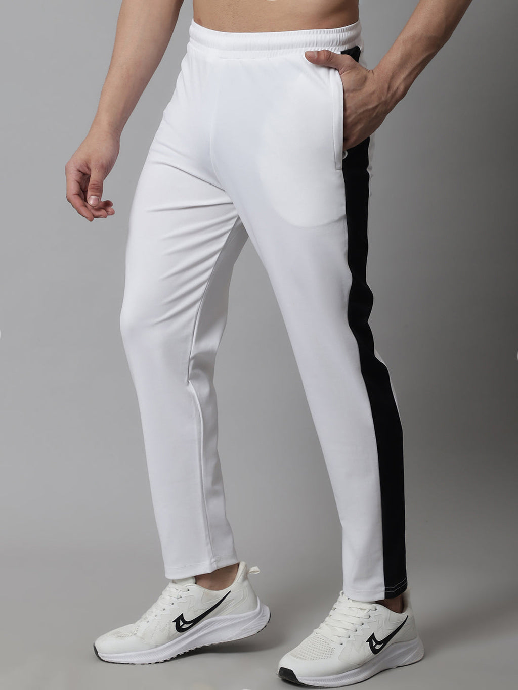 Jainish Men's White and Black Striped Streachable Lycra Trackpants