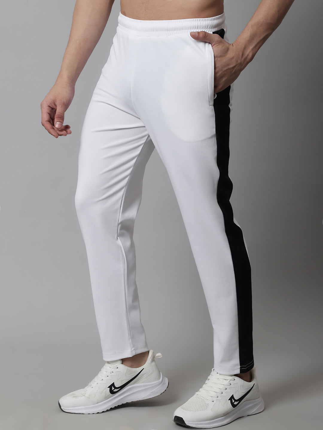Jainish Men's White and Black Striped Streachable Lycra Trackpants
