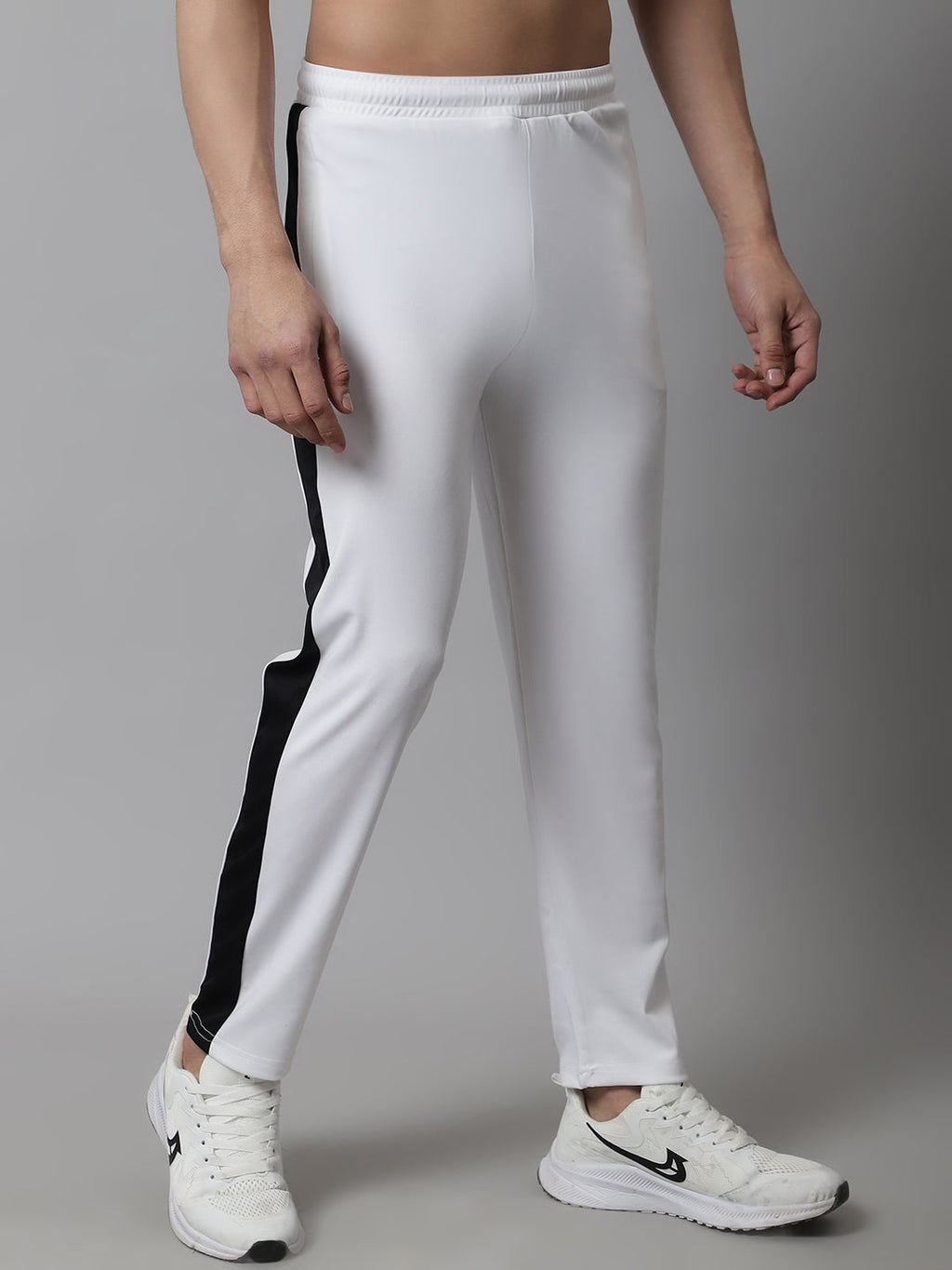 Jainish Men's White and Black Striped Streachable Lycra Trackpants