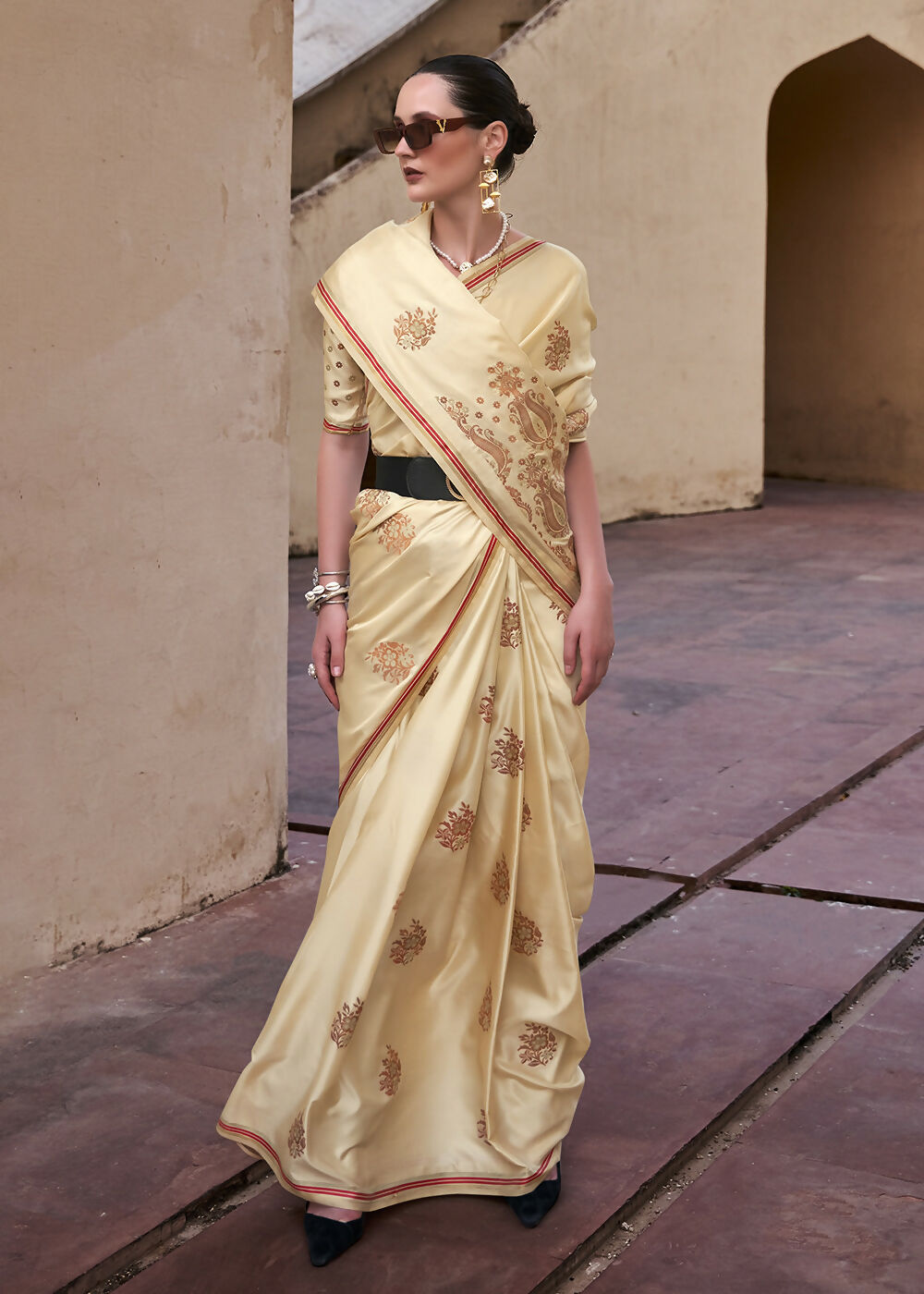 Buttermilk Beige Pure Satin Zari Weaving Wedding Festive Saree - Emponline