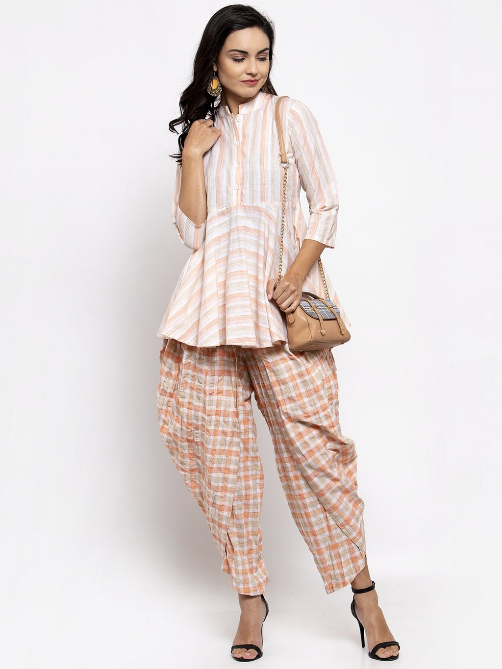 Jompers Women Orange and White Striped Kurta with Dhoti Pants