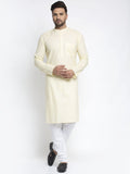 Jompers Men Lemon Yellow & White Self Design Kurta with Pyjamas