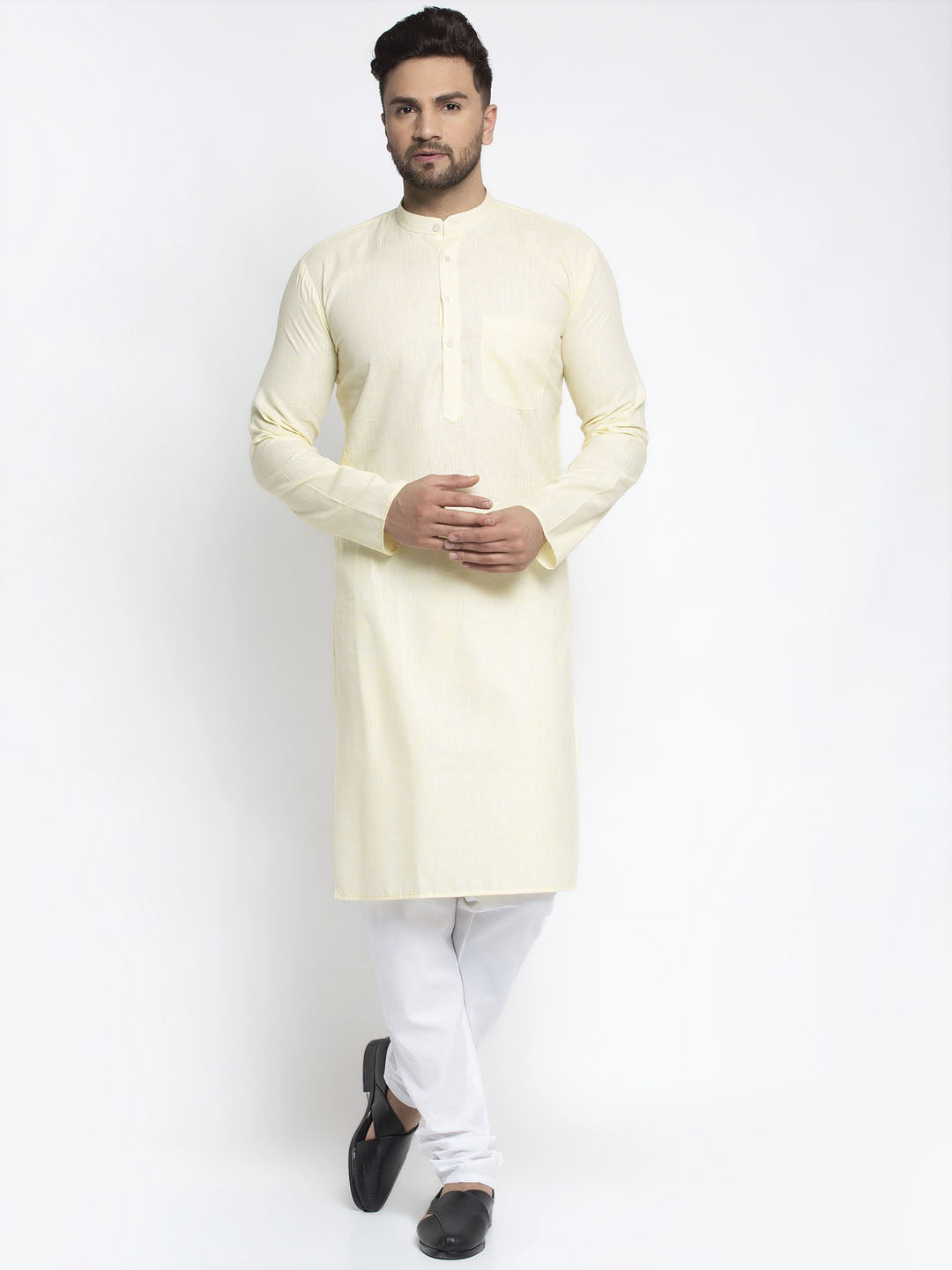 Jompers Men Lemon Yellow & White Self Design Kurta with Pyjamas