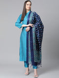 Jompers Women Blue & Green Self-Striped Kurta with Trousers & Printed Art Silk Dupatta