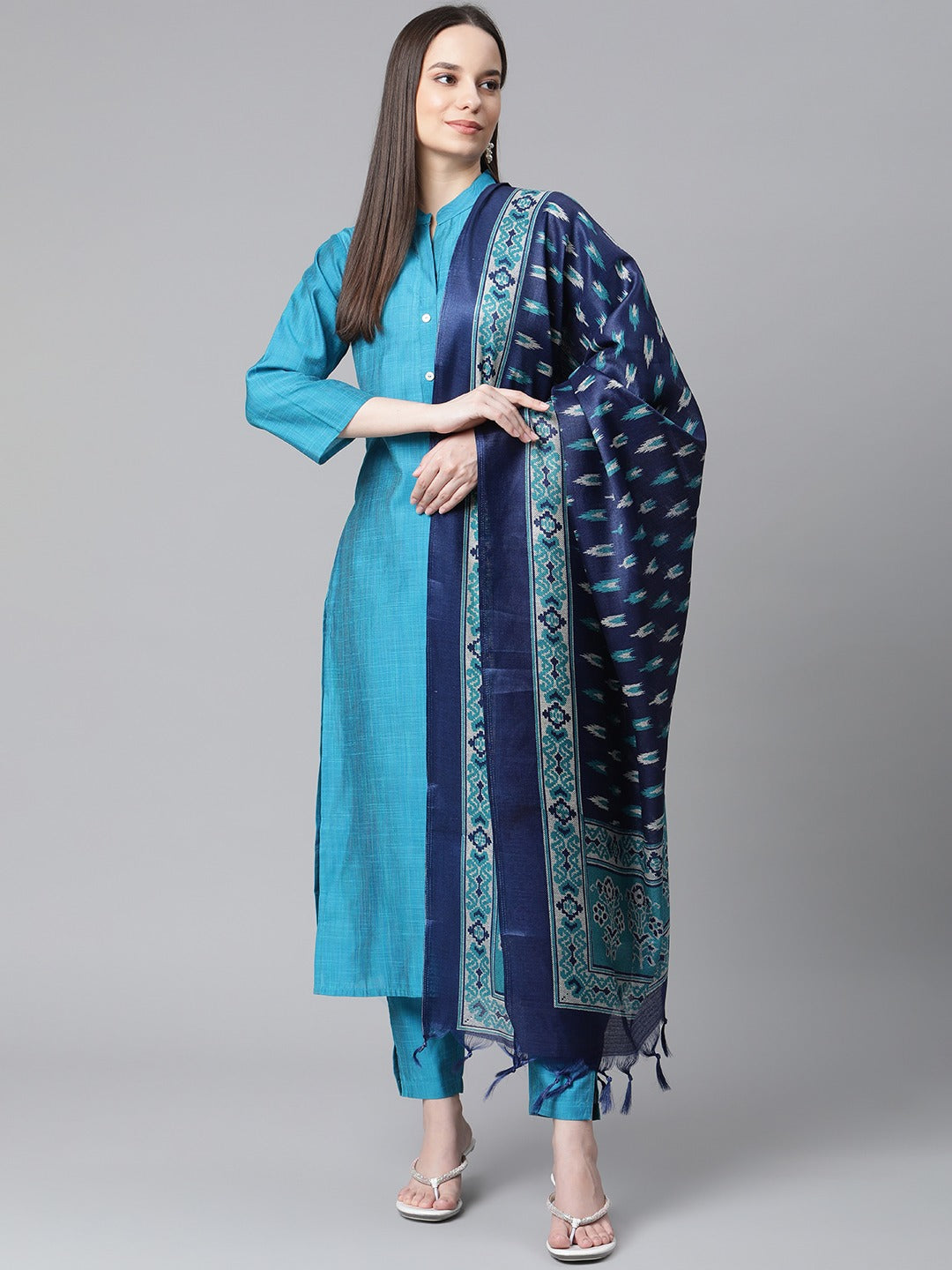 Jompers Women Blue & Green Self-Striped Kurta with Trousers & Printed Art Silk Dupatta