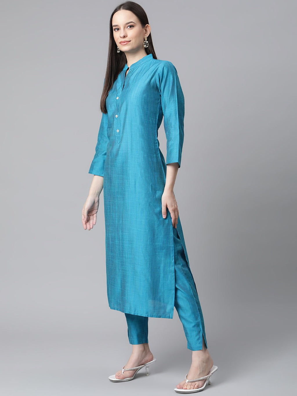 Jompers Women Blue & Green Self-Striped Kurta with Trousers & Printed Art Silk Dupatta