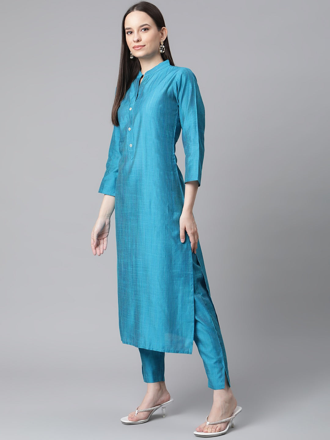 Jompers Women Blue & Green Self-Striped Kurta with Trousers & Printed Art Silk Dupatta