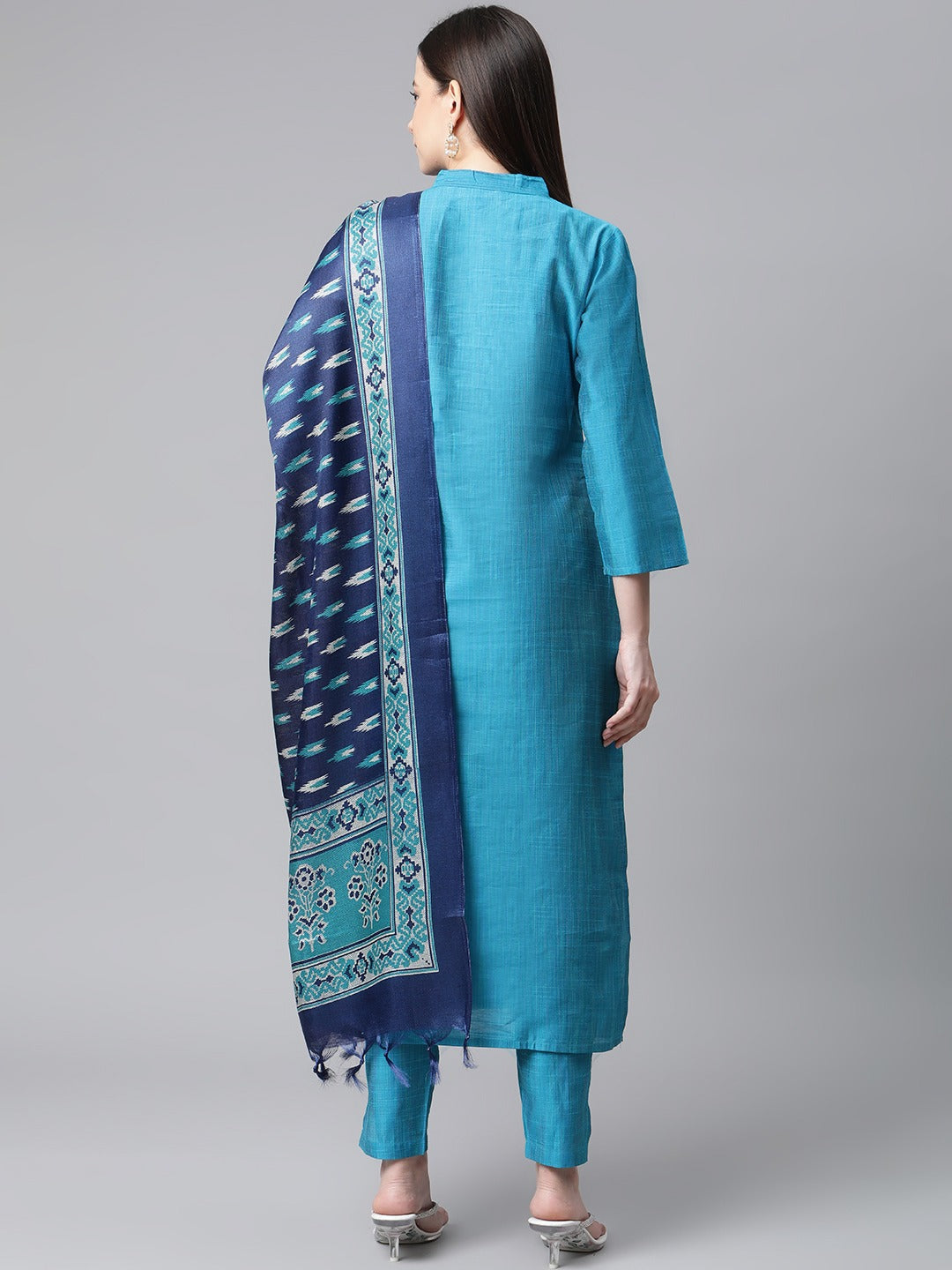 Jompers Women Blue & Green Self-Striped Kurta with Trousers & Printed Art Silk Dupatta
