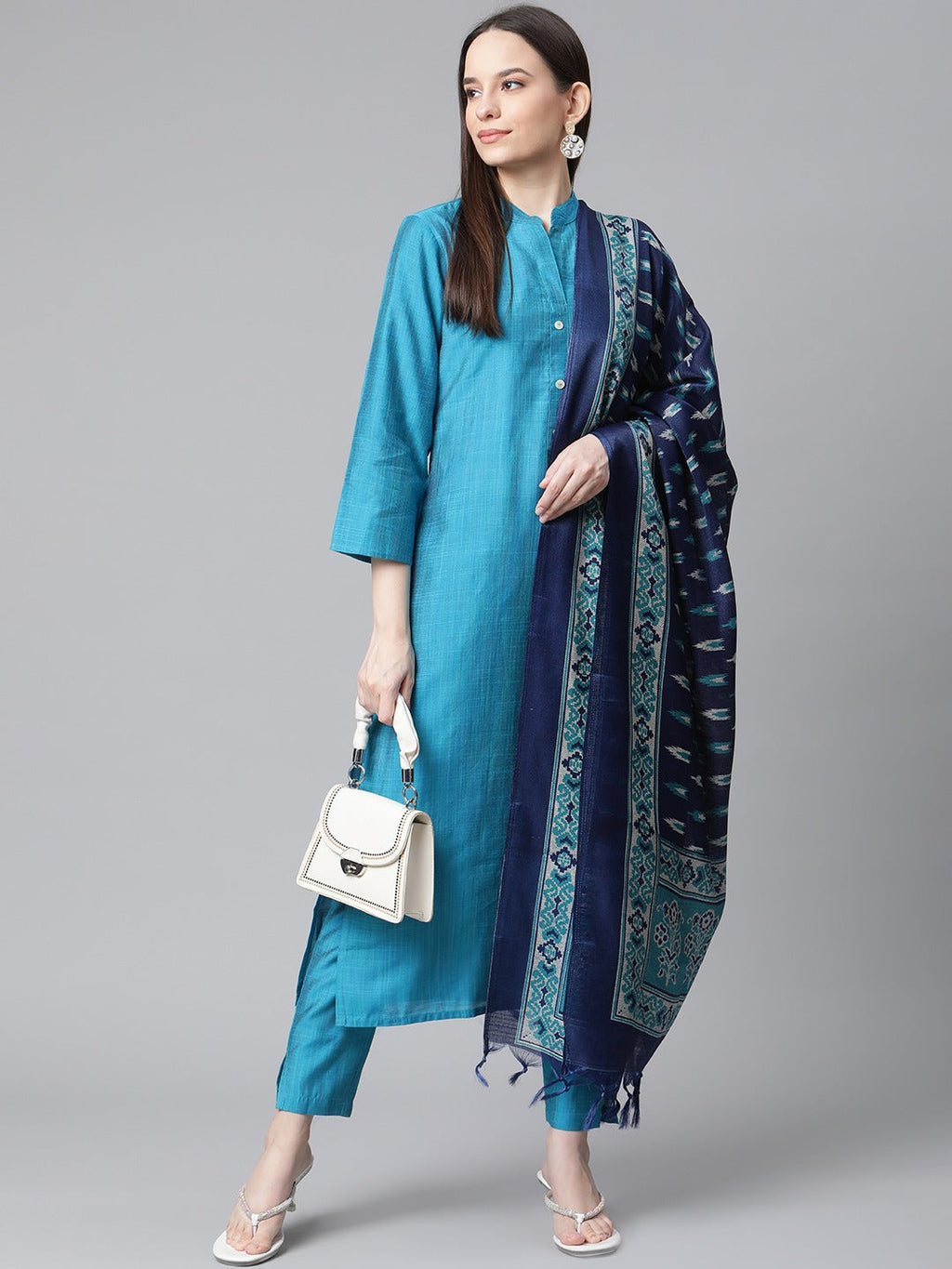Jompers Women Blue & Green Self-Striped Kurta with Trousers & Printed Art Silk Dupatta