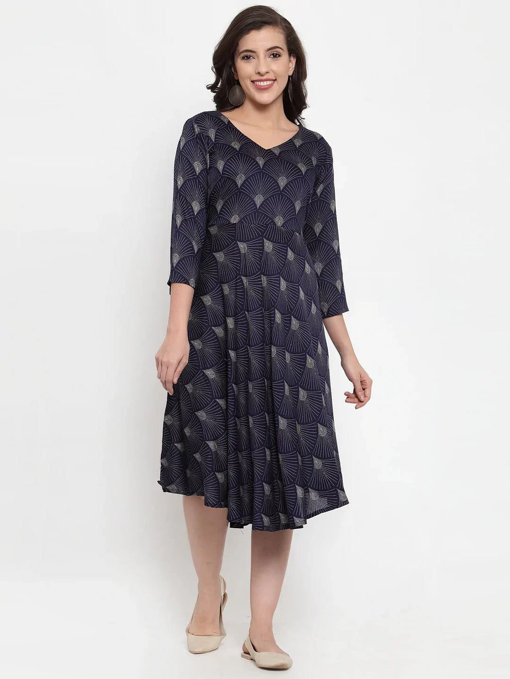 Jompers Women's Navy Blue Printed Fit and Flare Ethnic Dress